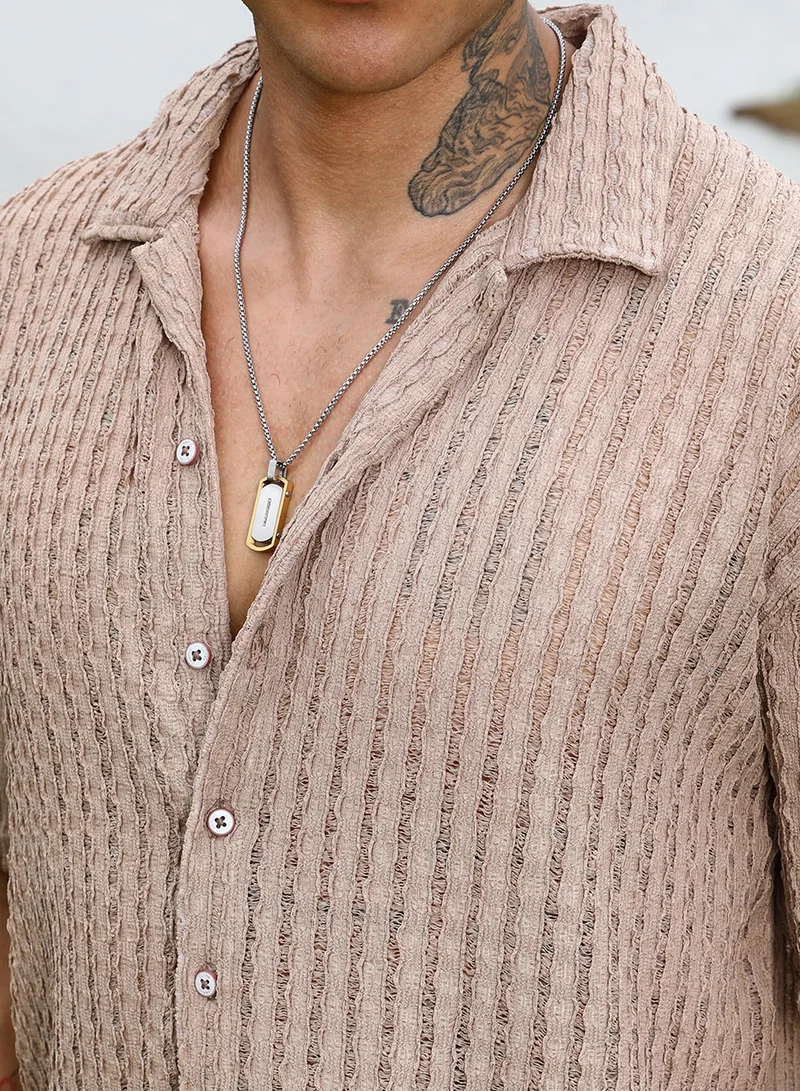 CAHOOT  Men's Peanut Brown Striped Knit Oversized Shirt For Casual Wear | Cuban Collar | Short Sleeve | Button Closure | Oversized Shirt Crafted With Comfort Fit For Everyday Wear for Men | Best Price UAE
